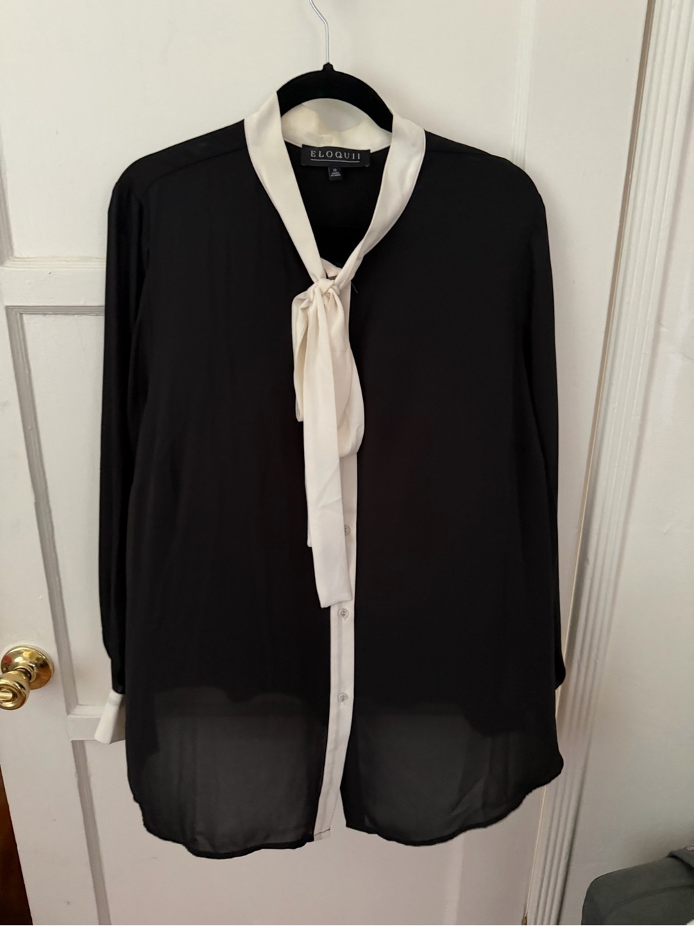 Eloquii Black and Cream Tie-Neck Blouse